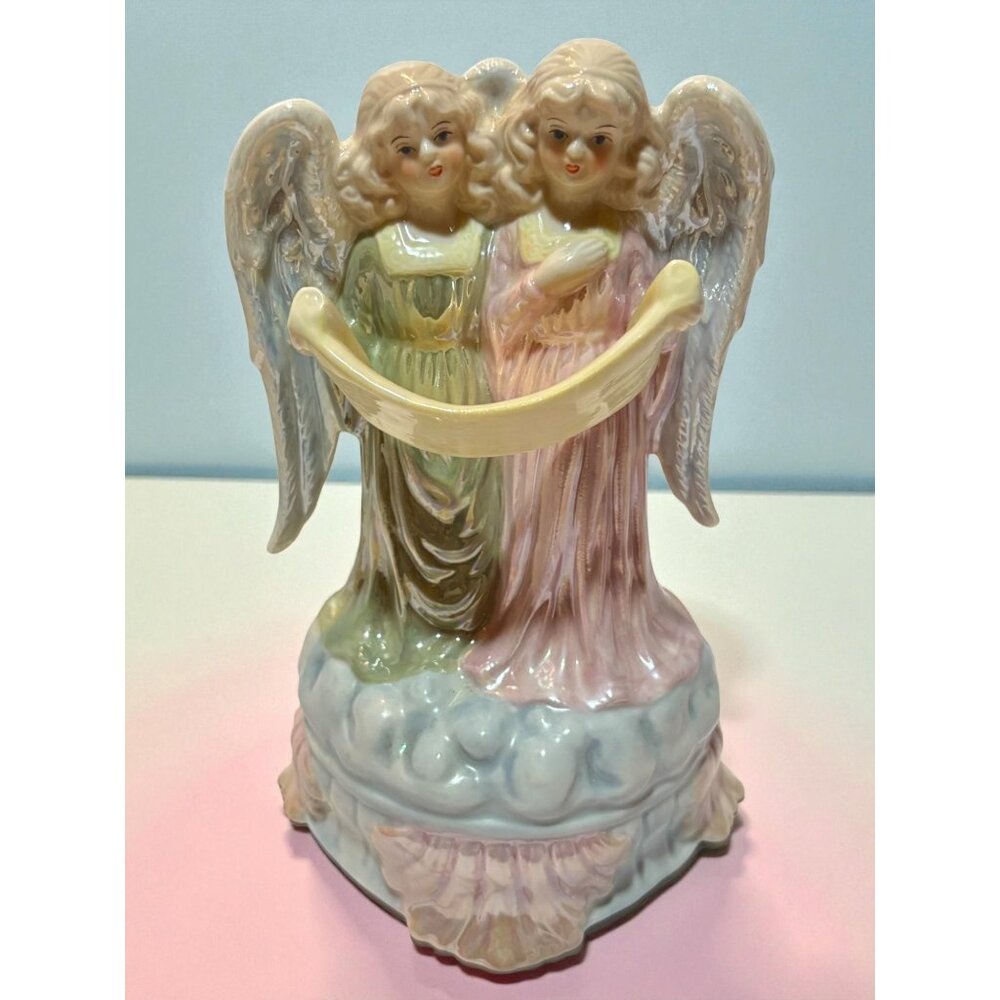 Vintage Angel Figurine Ceramic Music Box Pastel Pink & Green "Joy to the World"
